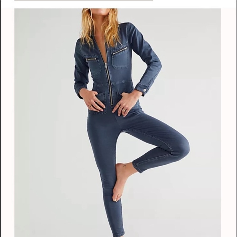 Free People Lennox Denim Skinny Utility Jumpsuit size Large NWT